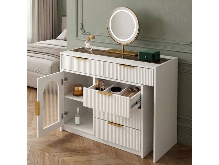 Coiffeuse blanche extensible plateau verre miroir LED design nervuré meuble moderne sans tabouret 90-160x40x75cm