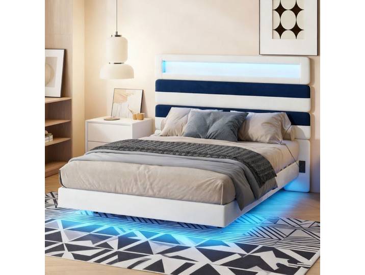 Lit 140x190 cm - COZY - Flottant - LED RGB - Charge USB - Velours Blanc Cassé
