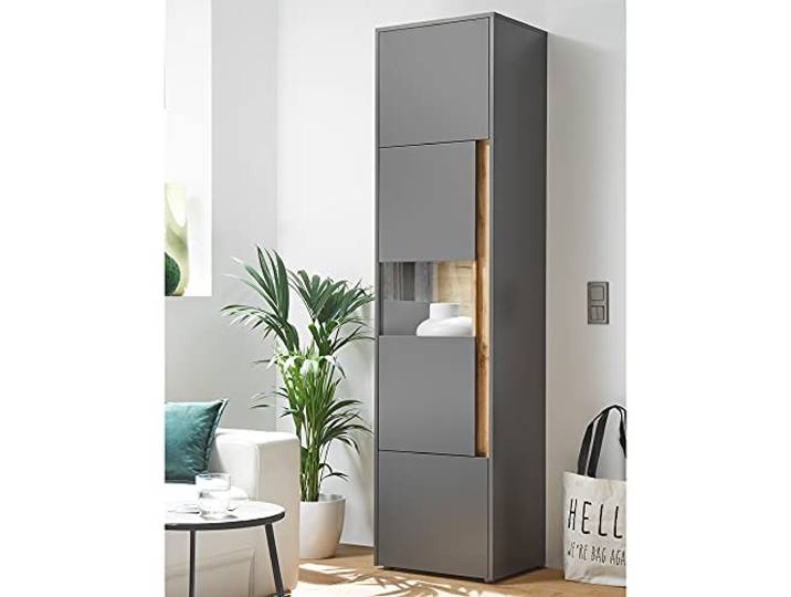 Lomadox Wohnzimmer Vitrine mit Beleuchtung in anthrazit mit Absetzungen in Wotan Eiche Nb., B/H/T: ca. 50/197/40 cm
