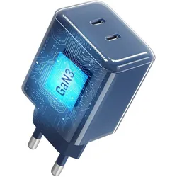 Forcell F-Energy GaN III Kristallfarbenes Handy-Ladegerät – 2x USB-C – 60 W – Dunkelblau (60 W, 2 Ports), USB Ladegerät, Blau