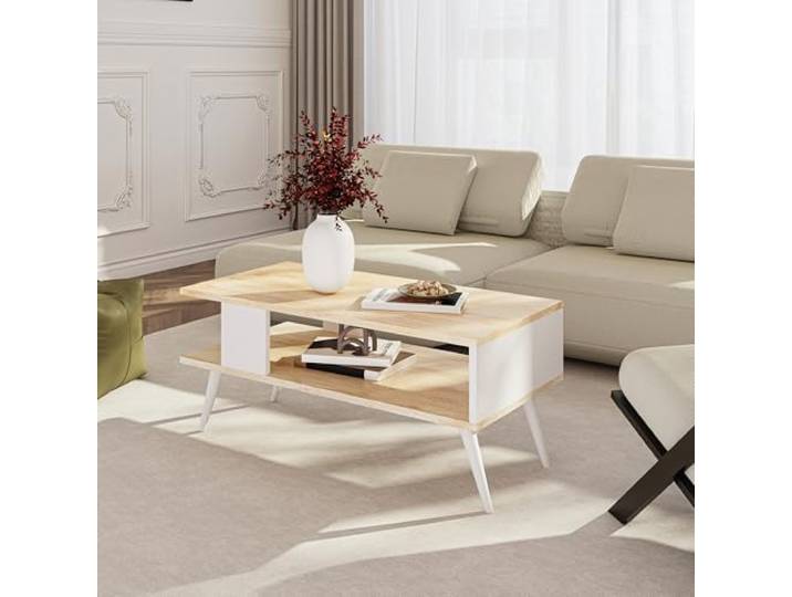 [en.casa] Couchtisch Lycksele Beistelltisch Wohnzimmertisch mit Stauraum rechteckig Eiche-Optik Weiß mit unterer Ablage Sofatisch