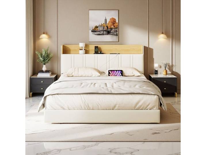 Lit Double Suspendu 160x200cm - Simili-Cuir Blanc et Bois Clair - LED RGB - Rangement Intégré - Prises USB