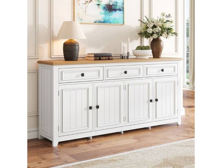 Buffet en moderne - Meuble de Rangement - Quatre Portes - Trois Tiroirs - étagère réglable - Cuisine -Salon- 160x35x76cm