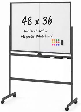 "Costway 48"" x 36"" Double-Sided Mobile White Board with Lockable Universal Wheels for Office-Black"