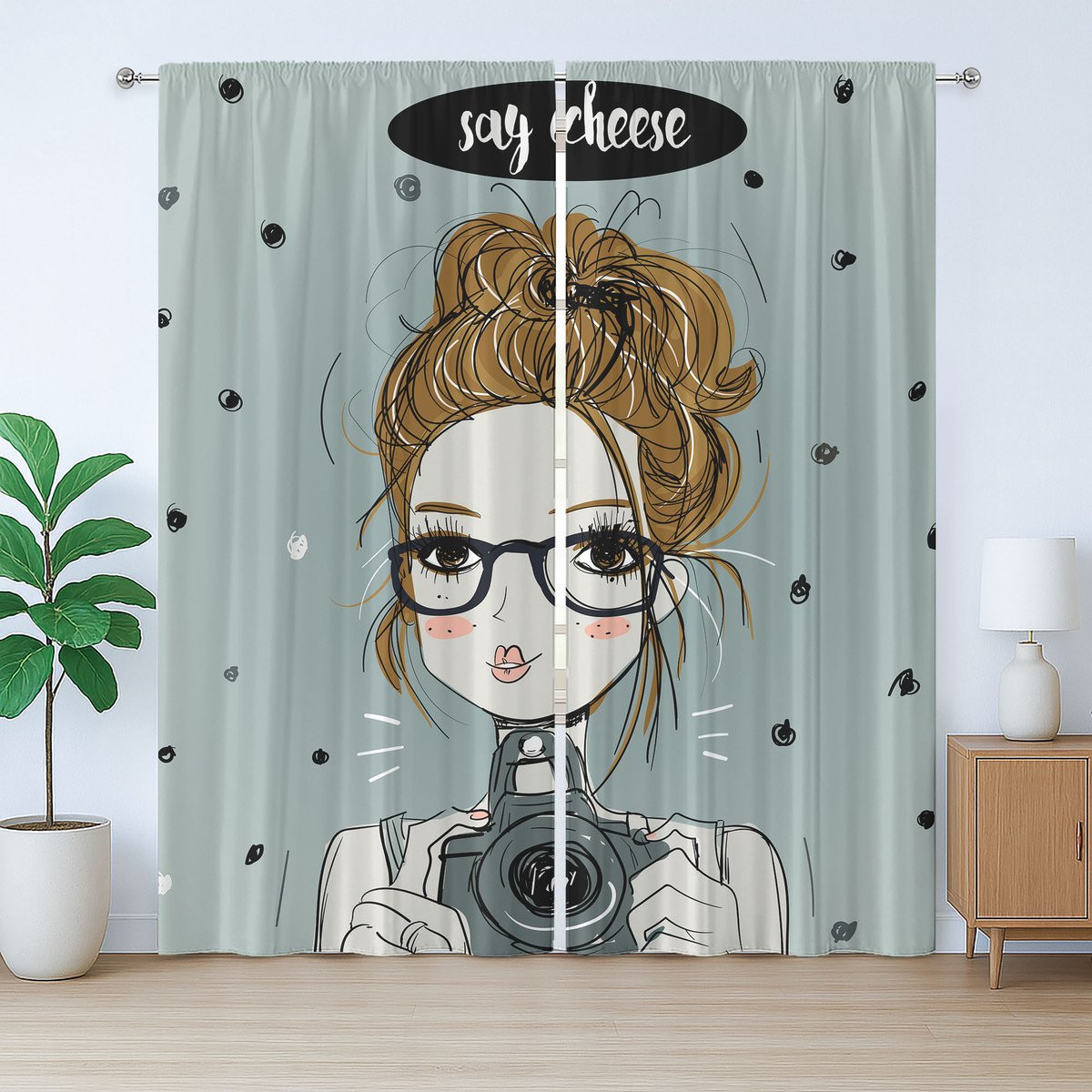ABAKUHAUS Hipster Rustiek Gordijn met Cartoonmeisje, Cadetblauw Licht Karamel, 280 x 175 cm