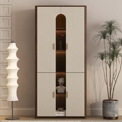 Display Cabinet Particle Board with LED Lighting, Glass Door Storage and Collectibles Bookcase by GDFStudio