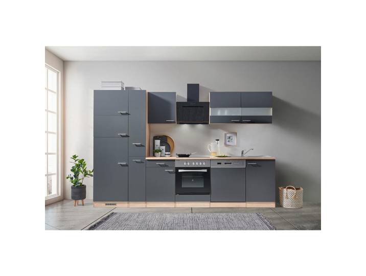 Küchenzeile Economy m. Geräten 310 cm Grau/Eiche Dekor modern