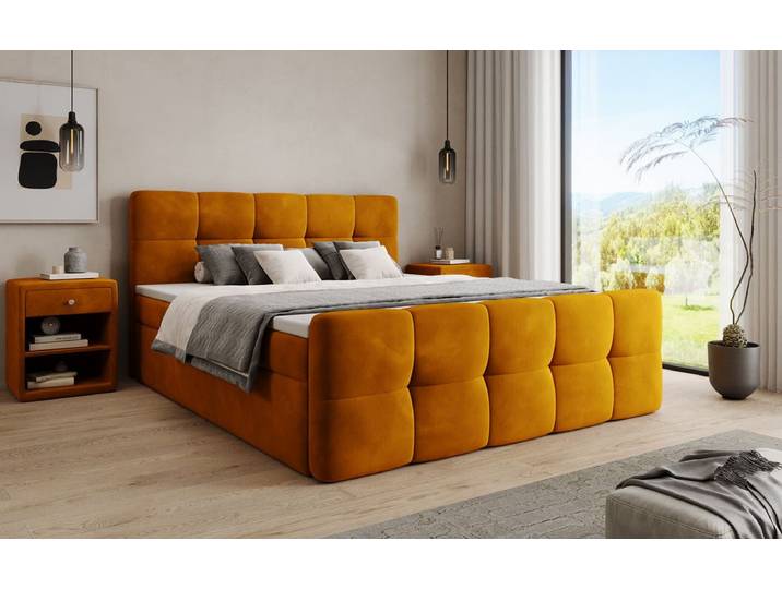 Boxspringbett Cozy Samt mit Stauraum - 100x200 - Senfgelb - inklusive PU Schaum - Topper - Luxusbetten24