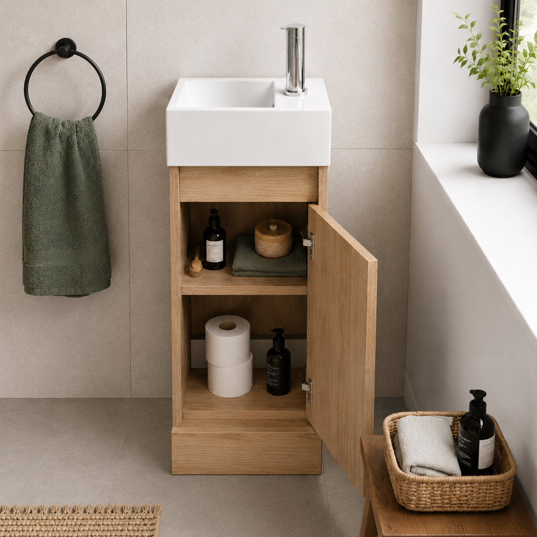 White Stone Kratos 390 mm Freestanding Cloakroom Vanity with Integrated Basin Natural Oak 390mm W