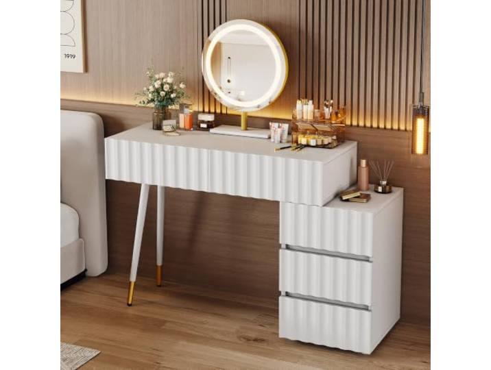 RAPRAP Weiß Schminktisch mit LED-Spiegel, 5 Schubladen Stauraum Schminktisch mit Beleuchtung, Dressing Table mit Touch-LED, flexibler Montage & Wandverriegelung, B100/D40/H127 cm