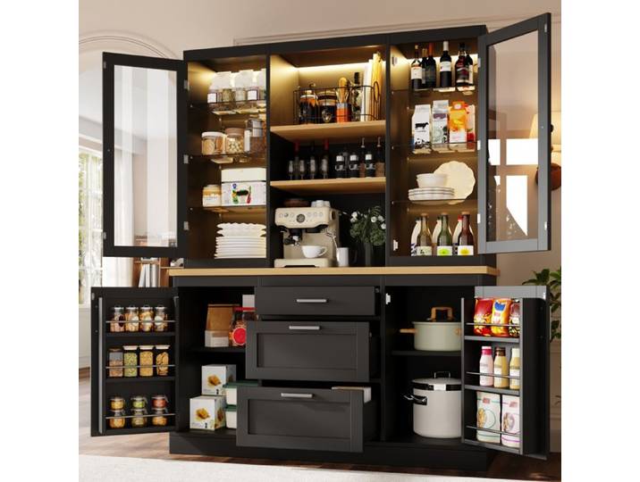 Piaenon - Buffet de Cuisine 140x40x185 cm avec LED 4 Portes 3 Tiroirs Plan de Travail Étagères Réglables Design Moderne - Noir