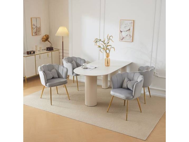 Chaises modernes en velours - Ensemble de 4 chaises - Gris - Velours - Design pétale - Pieds en métal doré