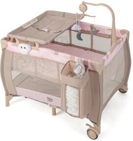 Costway Portable Baby Playard with Changing Table Bassinet and Music Box-Pink