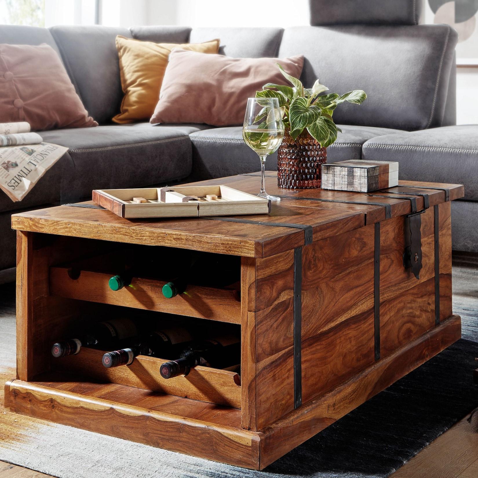 FineBuy Couchtisch Sheesham Massivholz Truhe mit Stauraum Wohnzimmertisch