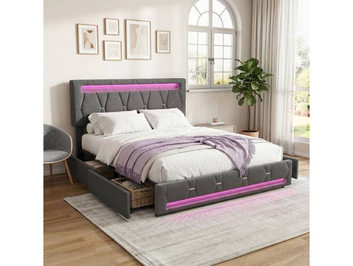 Lit Adulte 160x200 - Cadre Avec Sommier - 4 Tiroirs - Led Rvb Intégrée - Tête De Lit Réglable