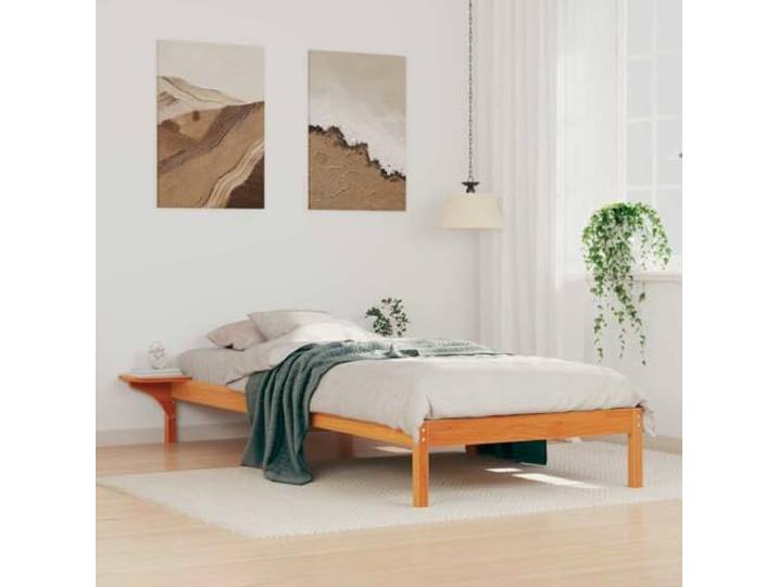 RJPLMFV Bettgestell mit Nachttisch, wachsbraun, 90 x 210 cm Kiefer massiv, Plattform-Design, stabile Füße, pflegeleicht, inklusive Latten