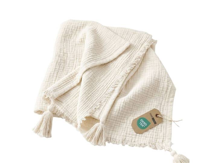 WOHNDECKE Musselin offwhite mit Quasten
