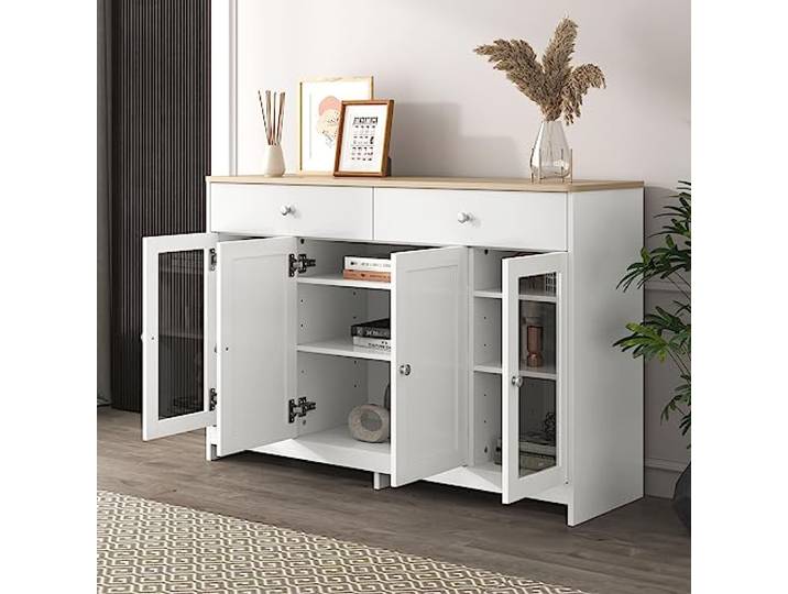 FurnitureR Moderne Hochkommode in Weiß, Vielseitiges Design, Robuster Holzfurnier & MDF Rahmen, Elegante Aufbewahrungslösung für Wohnzimmer
