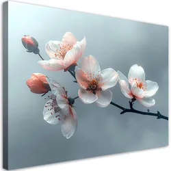 LEINWANDBILDER, Magnolien mit rosa Knospen auf blauem Hintergrund