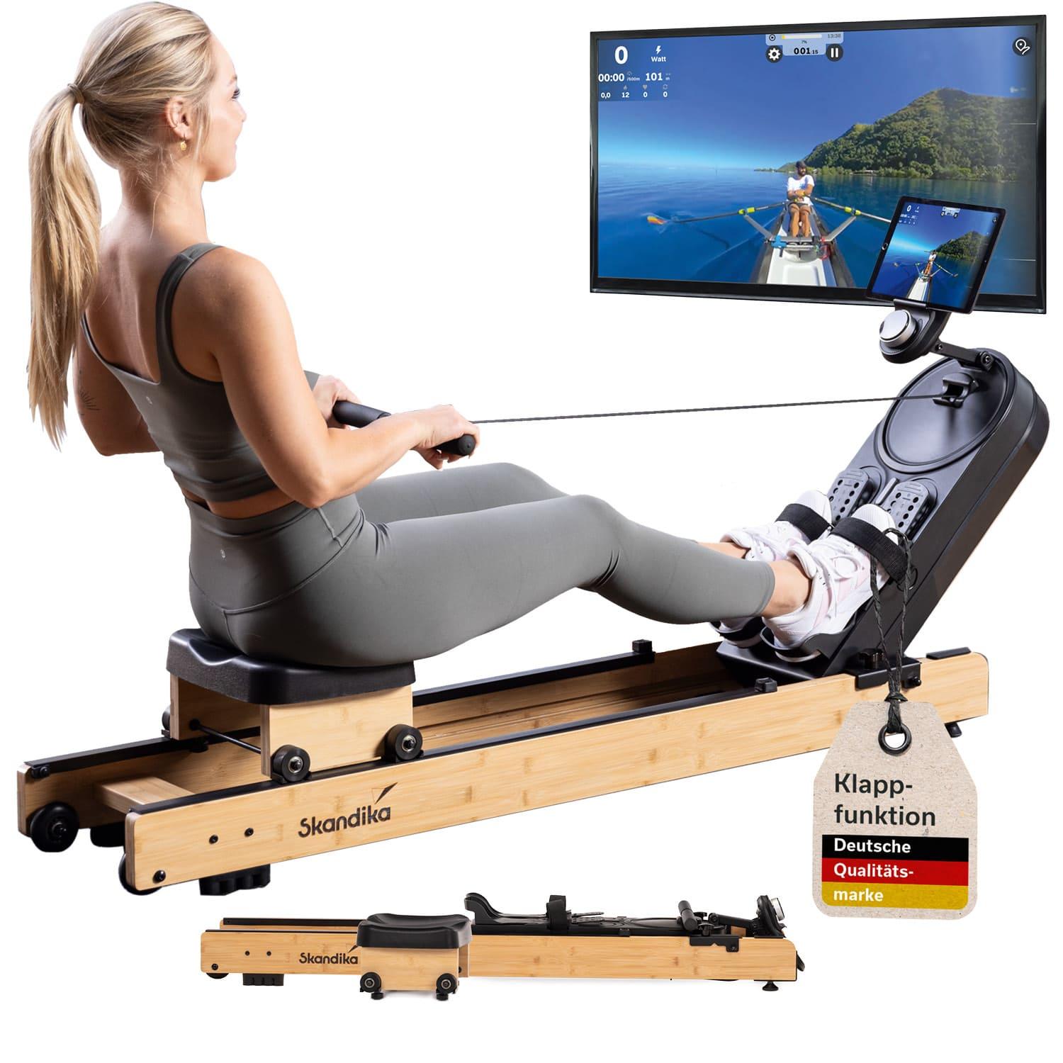 Skandika Rudergerät Rovek | Rudermaschine Holz, Rudergerät für Zuhause klappbar, Magnetwiderstand mit 32 Stufen, Kinomap App kompatibel, aufstellbar