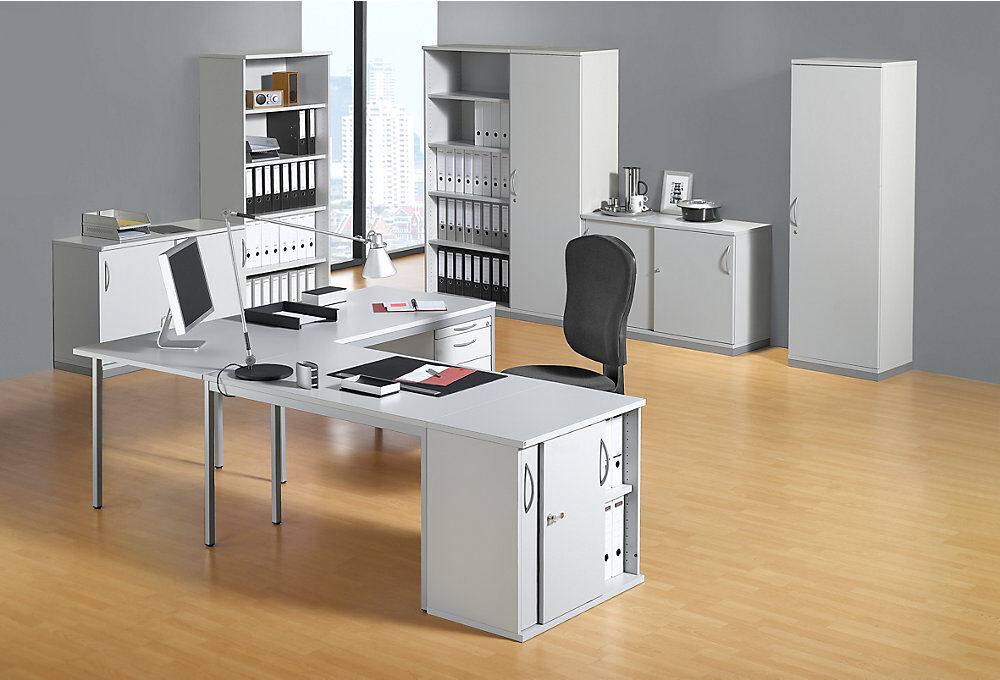 kaiserkraft LENA - Flügeltürschrank, 4 Fachböden, 5 Ordnerhöhen, HxBxT 1869 x 800 x 442 mm, lichtgrau