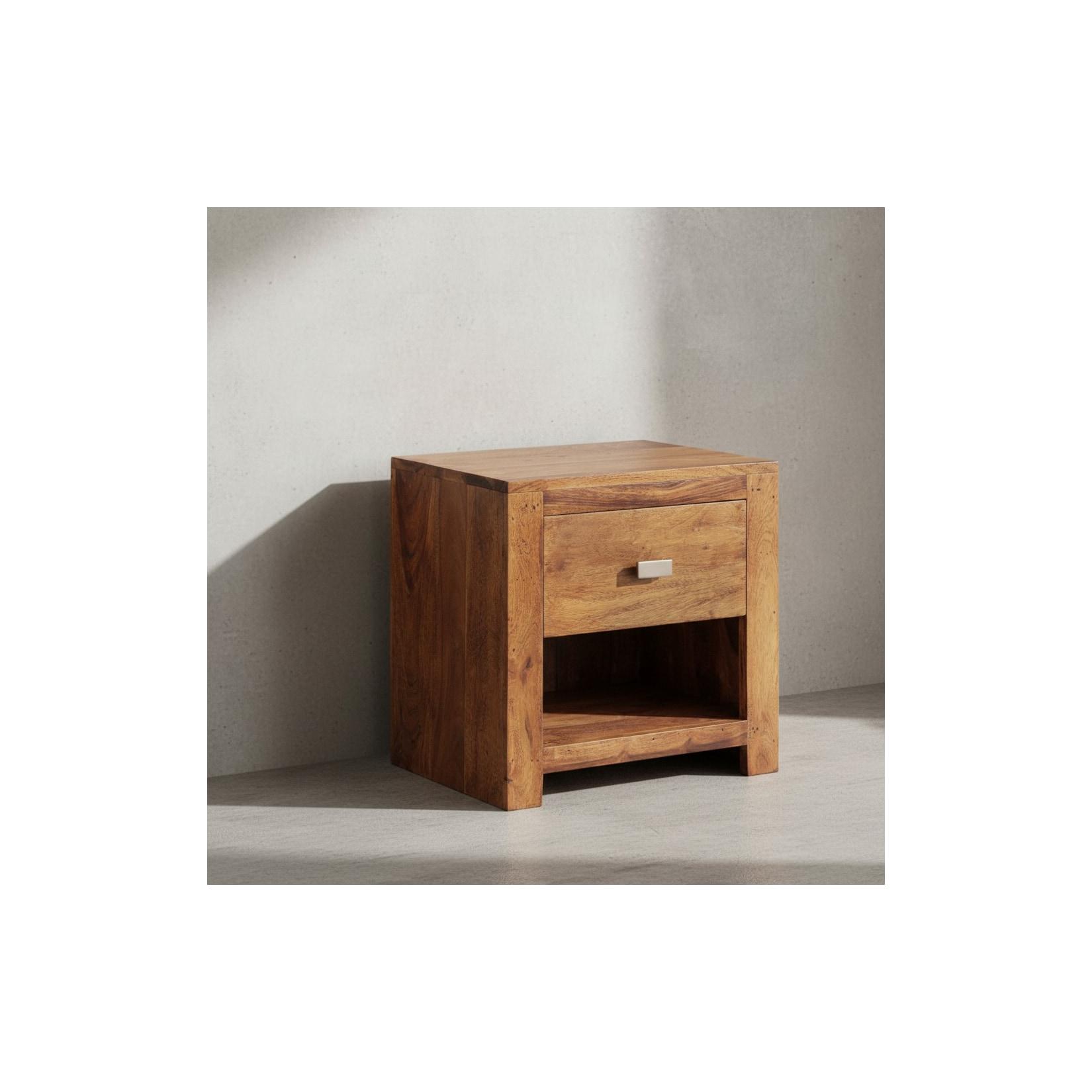 KADIMA DESIGN Rustikale Landhaus-Nachtkonsole aus massivem Sheesham-Holz, mit Ablagefläche und Schublade, eleganter chromfarbener Griff