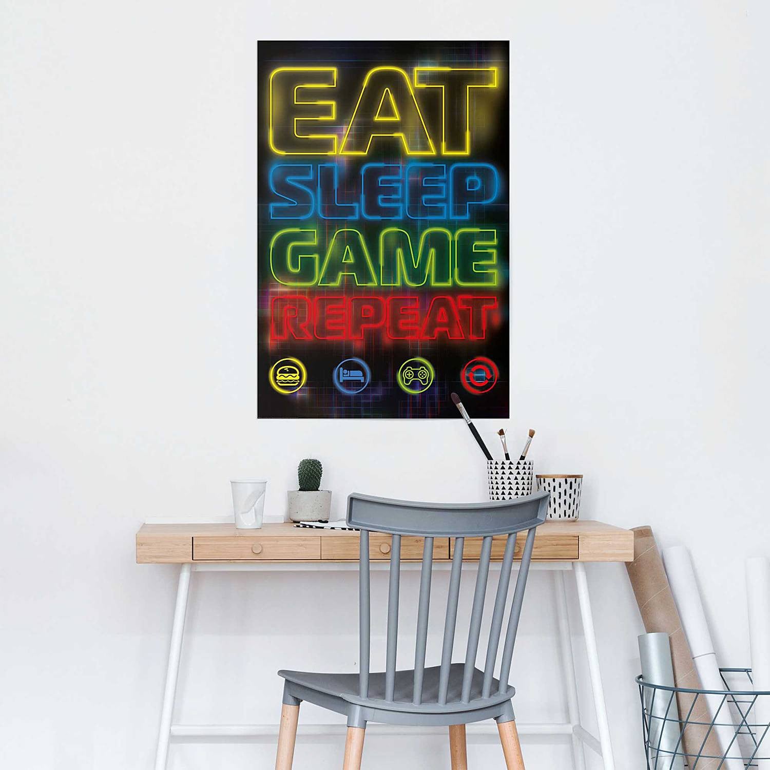 home24 Poster Eat Sleep Game Repeat, papier, meerdere kleuren, 61 x 92 cm