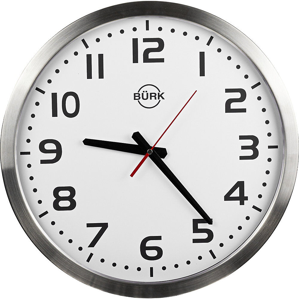 kaiserkraft Wanduhr, Ø 400 mm, Gehäuse Edelstahl gebürstet, Quarzuhrwerk