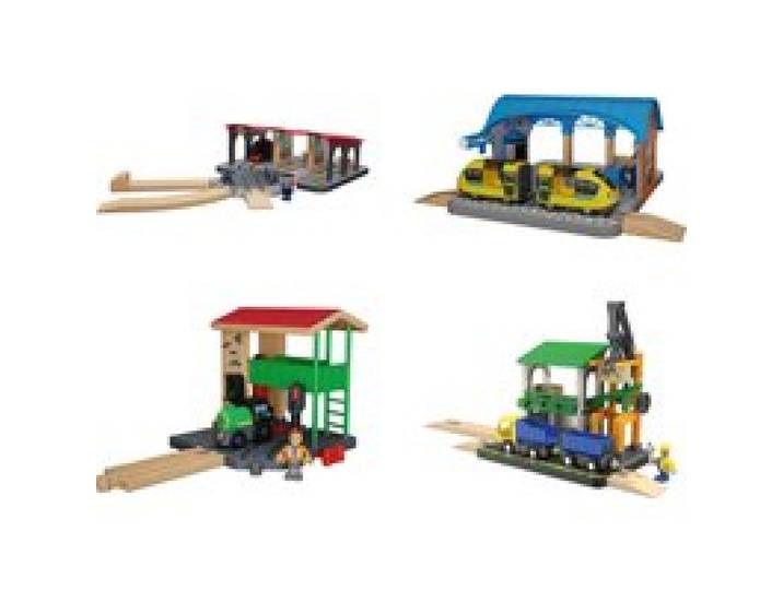 LUPILU® Remise de locomotives / Gare / Poste d'aiguillage / Station de chargement, 13 pièces / 8 pièces / 4 pièces / 15 pièces.