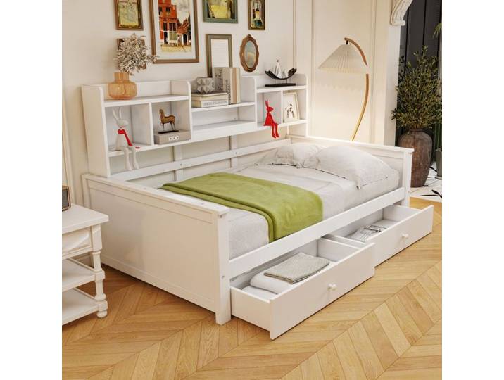 Lit banquette - MERAX - Lit banquette enfant 90x200 cm - Blanc - Bois massif - Avec tiroirs