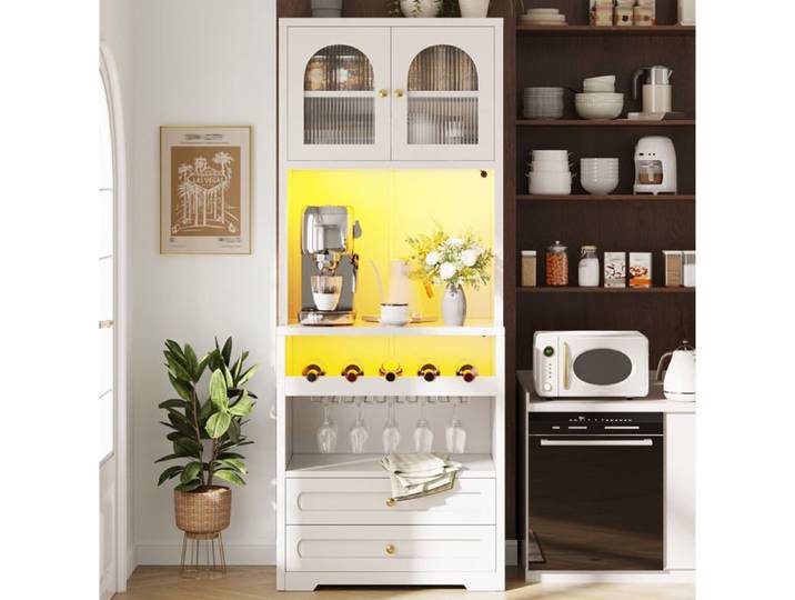 ELVORIN Buffet haut vitré 140 x 40 x 180 cm LED connectée blanc
