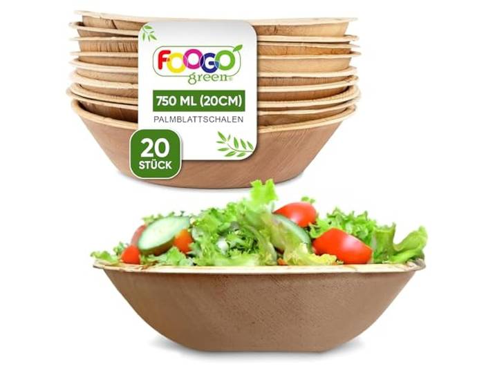 FOOGO Green Palmblatt-Schalen 100 Stück, Einwegschüsseln 750 ml Ø 20 cm Stabile Einwegschüsseln aus Palmblättern – Geschirr kompostierbar & biologisch abbaubar – Einweggeschirr für Party & Picknick