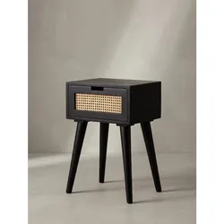 Nachttisch – Mango Massivholz/Rattan, 40x60x30 cm, Schwarz, 1 Schublade, Wiener Geflecht