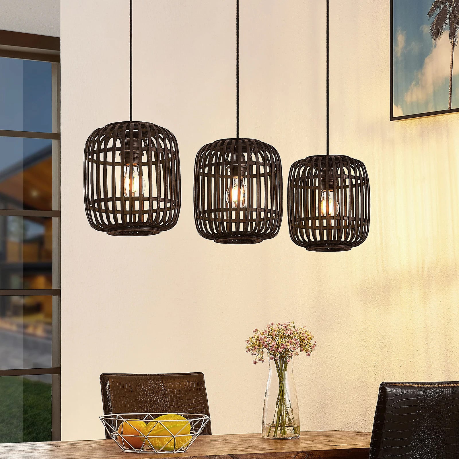 Lindby Canyana 3 Hanglamp - Zwart - Hout en Rattan - Rustiek Design