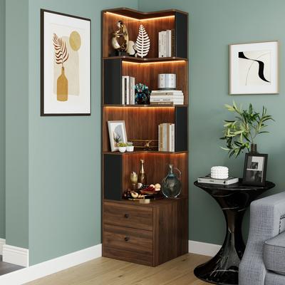 Corner BookShelf with drawers,4-Tier Corner Bookshelf Bookcase with Baffle
