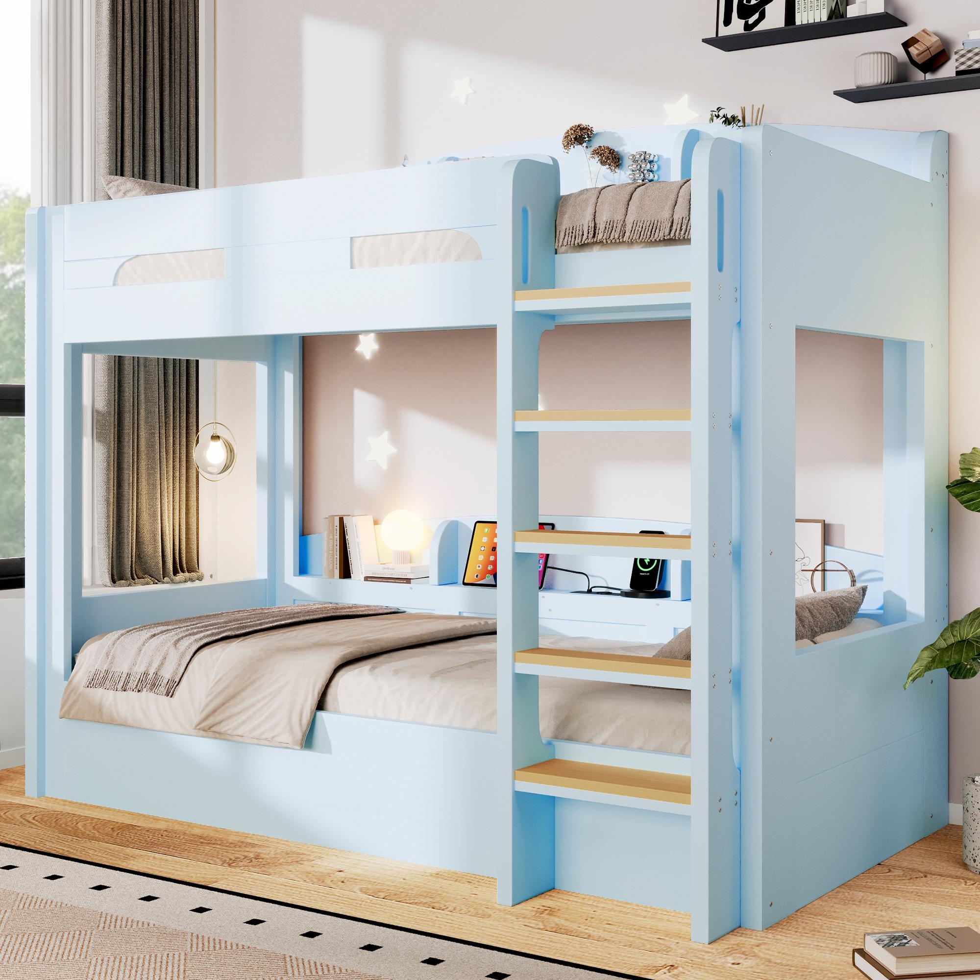MODFU Hochbett 90x200 mit USB-Steckdose,Etagenbett Jugendbett mit Ablagefächer,modernes Kinderbett aus Holz,ohne Matratze,Hellblau