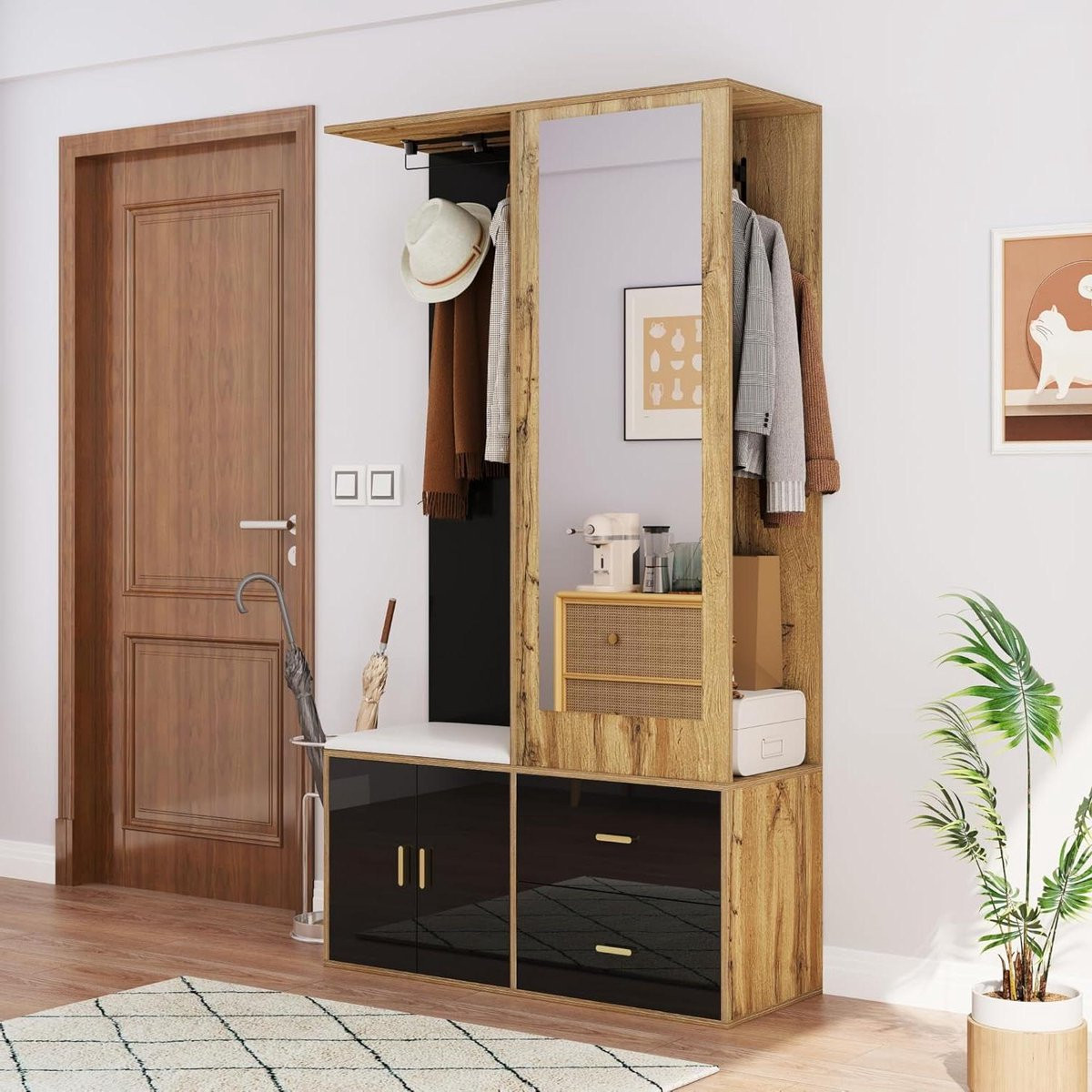 Hal Garderobe Entree Meubel met Spiegel en Zitbank - Breedte: 100 cm