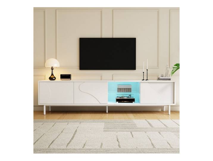 STILVORA Lowboard Küchenschrank mit LED-Beleuchtung Buffetschrank mit 5 Schubladen (TV-Möbel mit drei Schiebetüren und Stauraum, LED-Beleuchtung, MDF-Korpus, Glasboden & Kabelöffnung), für Küche, Essbereich, Kaffeestation und Wohnbereich