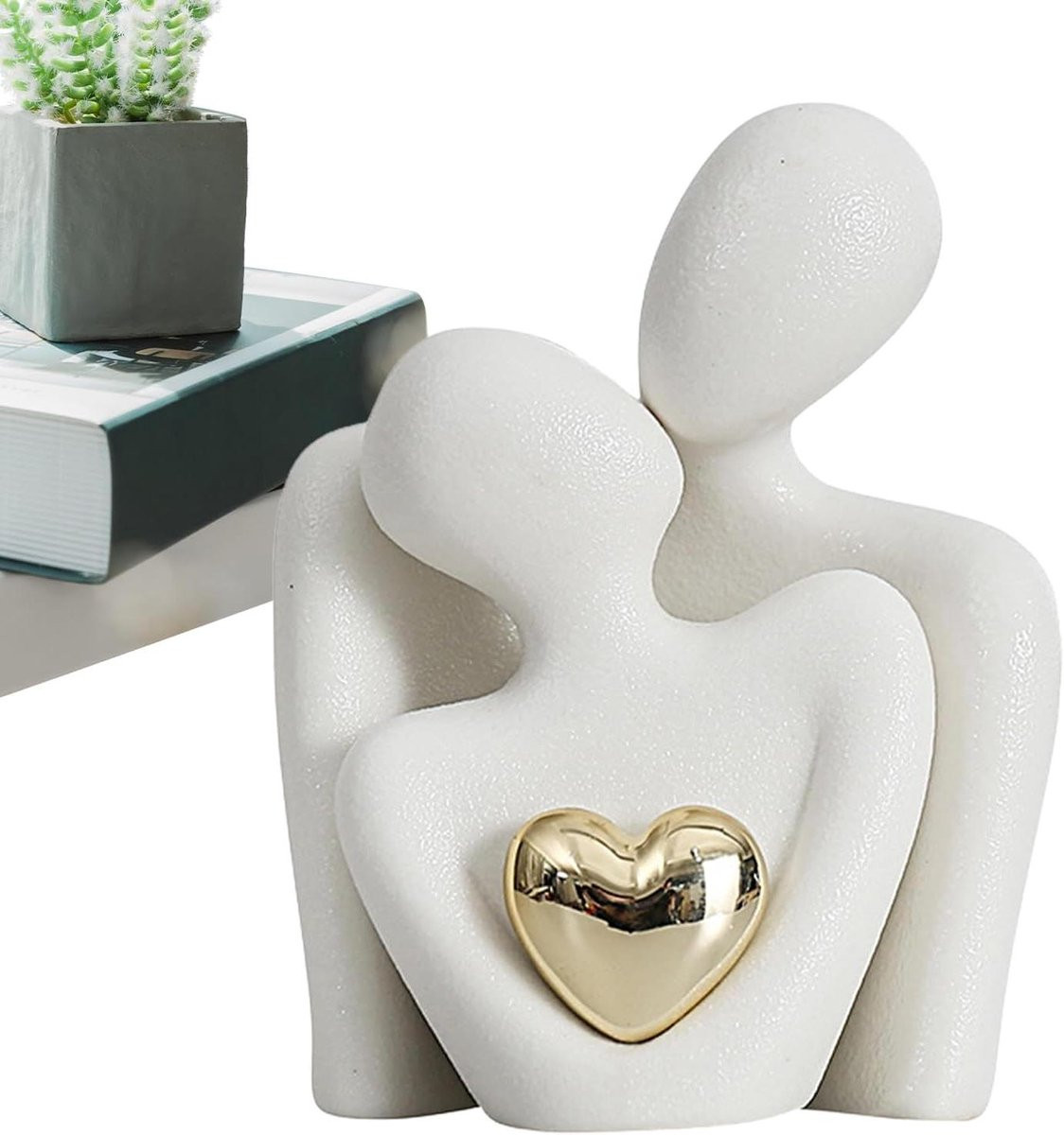 Romantisch knuffelend liefdespaar sculptuur - Wit decoratief paar beeldjes - Breedte: 10 cm
