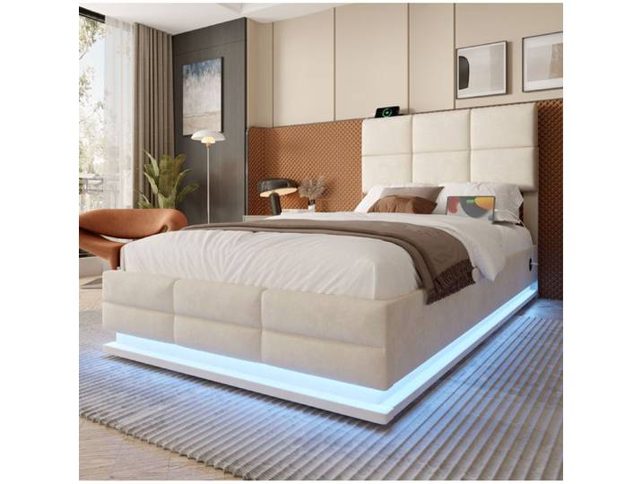 lit coffré SENVIRO en velours beige avec tête de lit réglable et éclairage LED