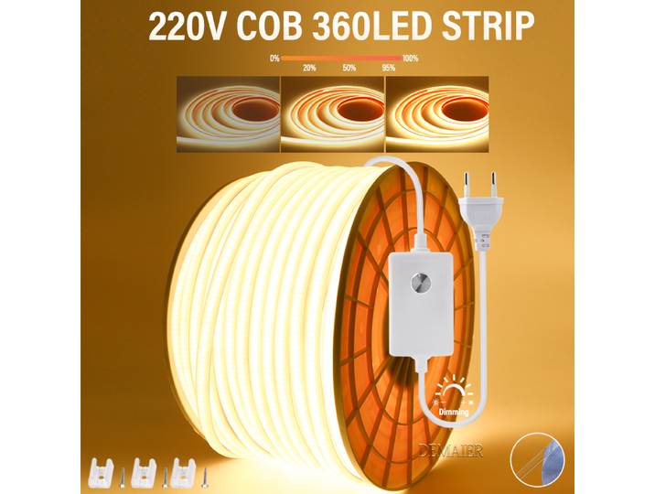 Bande LED COB 220V avec interrupteur/variateur d'intensité, étanche, 360 LED, prise EU, pour extérieur, intérieur, rétroéclairage de pièce, jardin, cuisine, TV