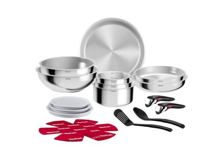Tefal Ingenio Comfort Max Edelstahl unbeschichtet 19-teiliges Kochgeschirr-Set, stapelbare Töpfe und Pfannen, abnehmbarer Griff, induktionsgeeignet, Edelstahl, L968SJ34