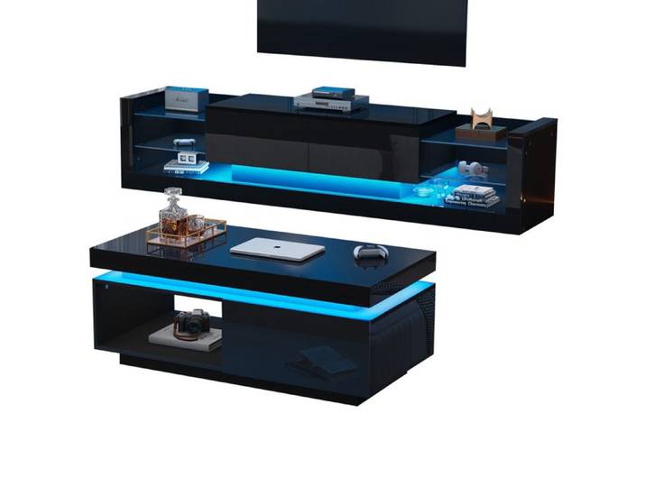 ELVORIN Ensemble meuble TV et table basse noir brillant LED USB panneau de particules meuble TV 181 cm table basse 100 cm