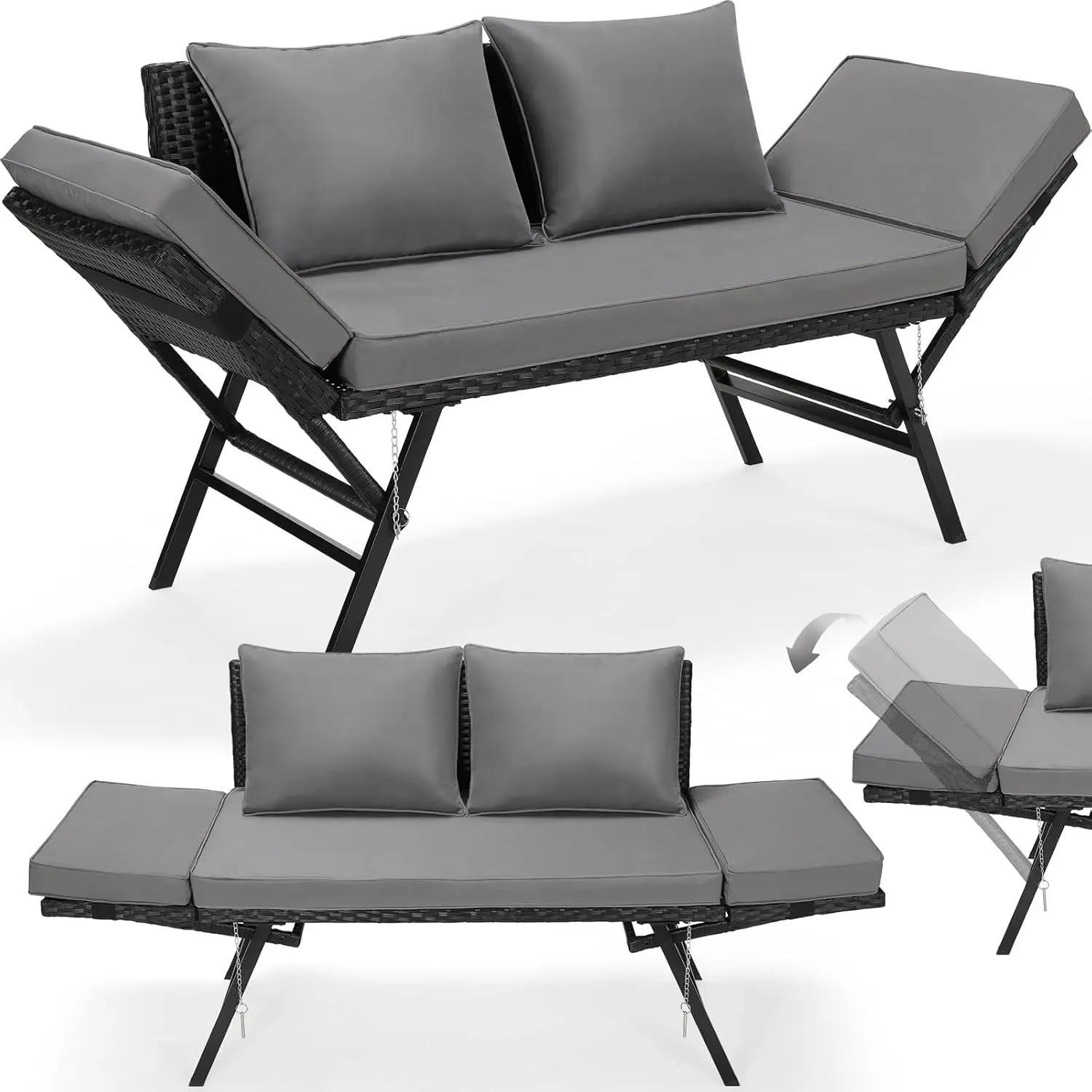 Gartenbank - 3-Sitzer Sofa - Verstellbare Armlehnen - Abnehmbare dunkelgraue wetterfeste Kissen - Metallgestell - Schwarzes Polyrattan