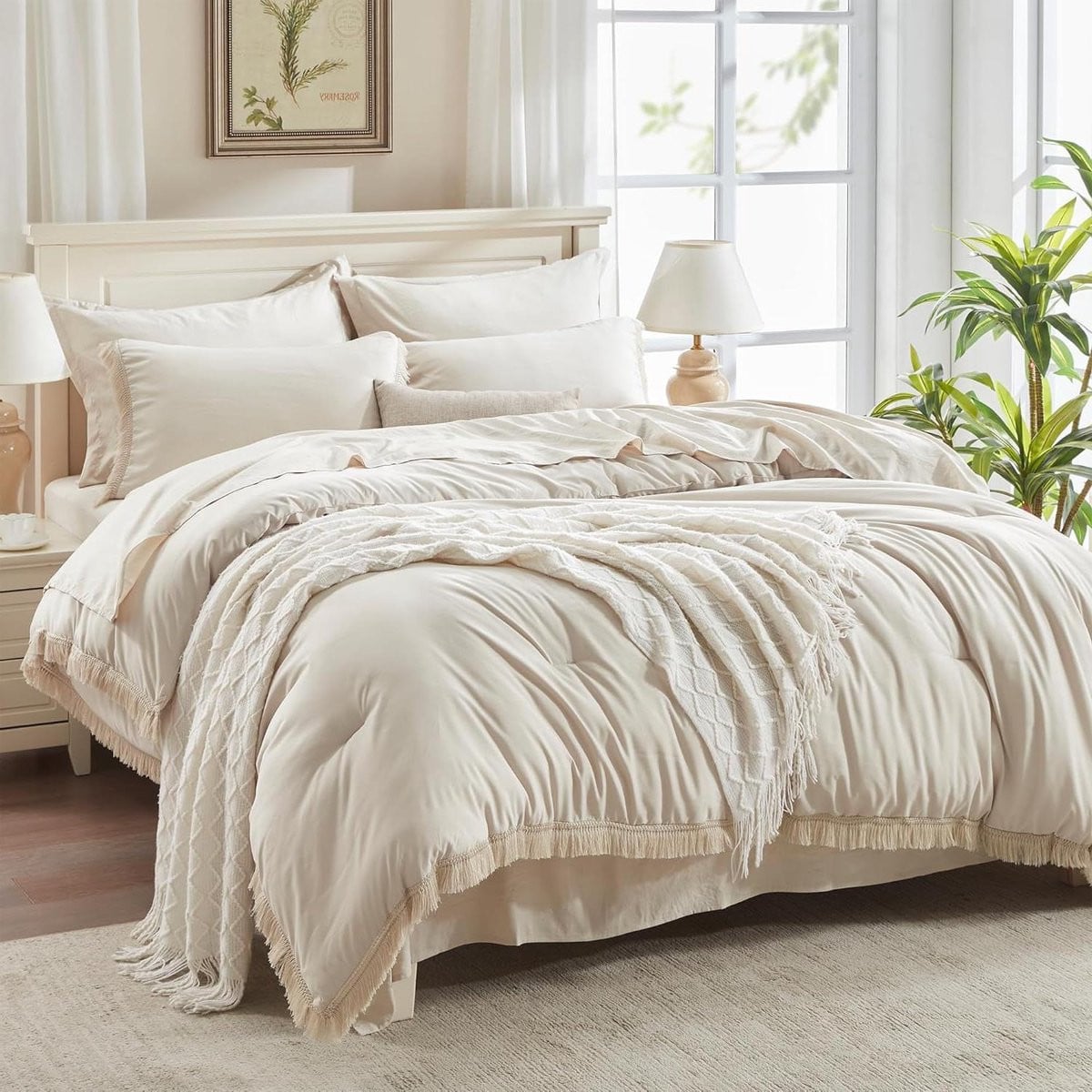 7-delige beige dekbedovertrekset met boho kwastjes stijl voor Queen maat