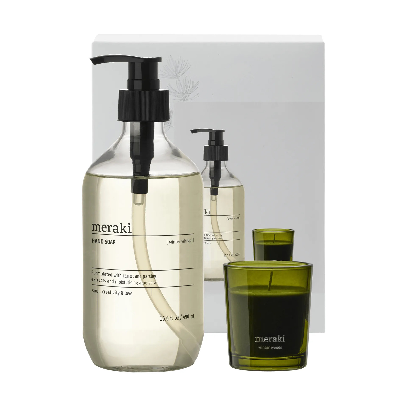 Meraki Geschenkset met Handzeep en Geurkaars Winter Whisp en Winter Woods