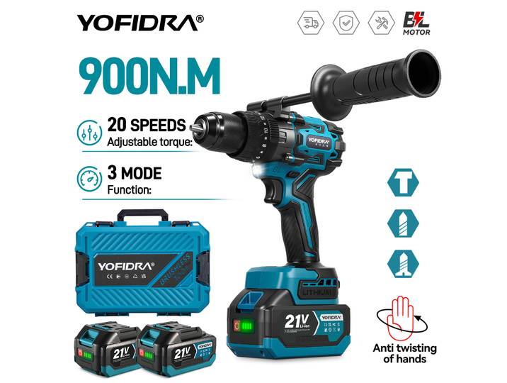 Perceuse à percussion électrique sans fil YOFIDRA 13 mm 900 N.m, 20+3 réglages de couple, outil électrique compatible avec batterie Makita 18V
