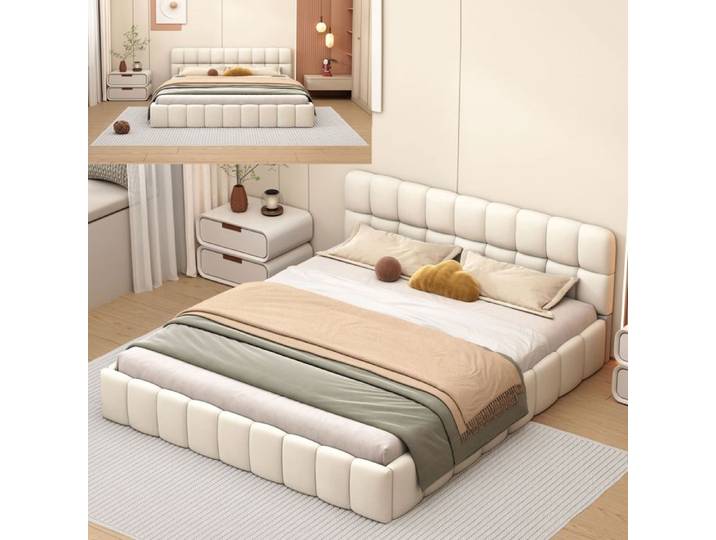Lit 160x200 cm - tissu en Lin - cadre de lit adulte - lit adulte 160x200 cm - 160x200 cm - Beige