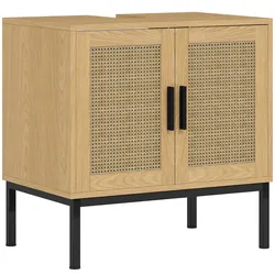 MODFU Waschtischunterschrank 60x39x60 mit Rattanoptik, Boho Badezimmermöbel, Kippschutz, Regale, Stauraum, Holzwerkstoff, Eiche