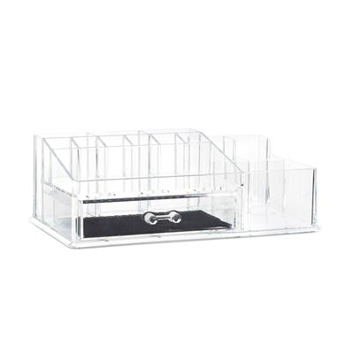 Relaxdays Make Up Organizer mit Schublade, Kosmetik Aufbewahrung für Schminke & Schmuck, Lippenstifthalter, transparent